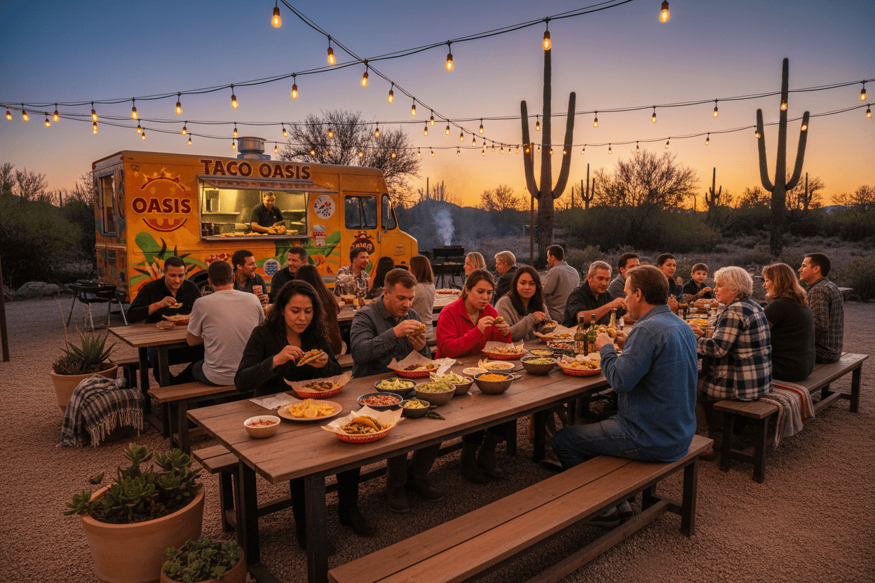 Customers enjoying tacos at food truck