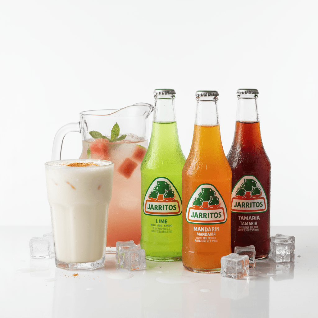 Selection of Mexican beverages including Jarritos and horchata