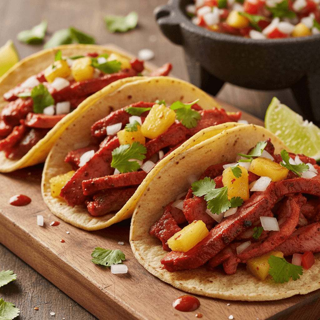 Al pastor tacos with pineapple and traditional toppings