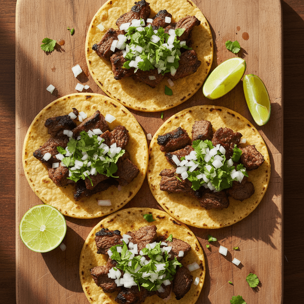 Carne asada tacos with fresh cilantro and onions