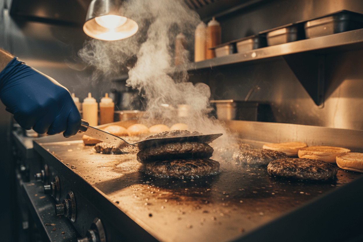 Smashburger being cooked on grill