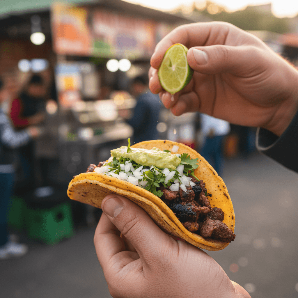 Customer holding authentic street taco