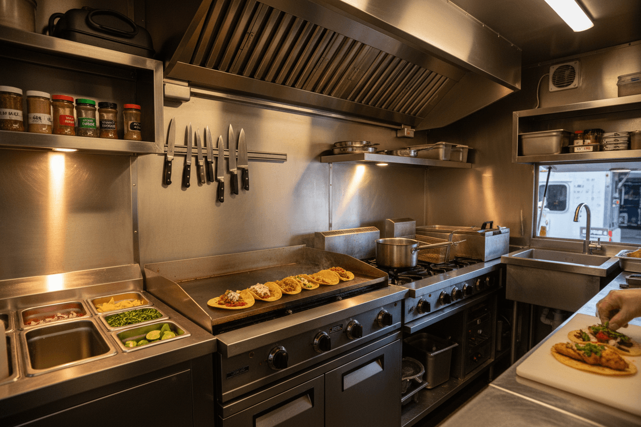 Inside Lalo's Tacos food truck kitchen